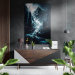 Sneeuw bergtop waterval bos rivier – Dibond Schilderij