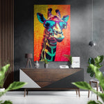 Levendig neon giraffe Paarse Bril – Dibond Schilderij