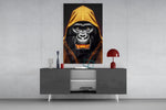 Gele met capuchon gorilla goud Grin – Glasschilderij