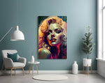 Geschilderd portret van een blonde diva in levendige kleuren – Glasschilderij
