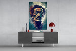 Surrealistisch portret van een man met wild haar en blauwgroene spetters – Glasschilderij