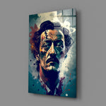 Surrealistisch portret van een man met wild haar en blauwgroene spetters – Glasschilderij