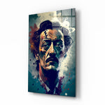 Surrealistisch portret van een man met wild haar en blauwgroene spetters – Glasschilderij