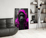 Gele Raincoat Headphone gorilla – Glasschilderij