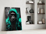 Gele Raincoat Headphone gorilla – Glasschilderij