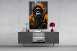 Gele Raincoat Headphone gorilla – Glasschilderij