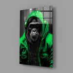 Gele Raincoat Headphone gorilla – Glasschilderij