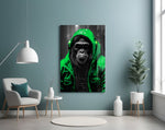 Gele Raincoat Headphone gorilla – Glasschilderij
