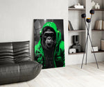 Gele Raincoat Headphone gorilla – Glasschilderij