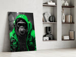 Gele Raincoat Headphone gorilla – Glasschilderij