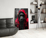 Gele Raincoat Headphone gorilla – Glasschilderij