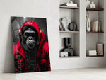 Gele Raincoat Headphone gorilla – Glasschilderij