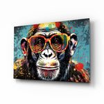 Turquoise verf druppel glimlachende Chimp – Glasschilderij