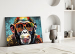 Turquoise verf druppel glimlachende Chimp – Glasschilderij