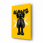 Gele achtergrond zwarte Vinyl Toy figuur – Glasschilderij