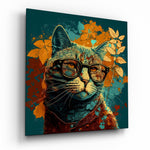 Vierkant Glasschilderij Teal achtergrond Kat met Bril Glasschilderij