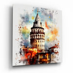 Vierkant Glasschilderij Splatter Watercolor Galata Tower Glasschilderij