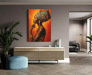 Elegante Vrouw in Oranje Canvas Schilderij