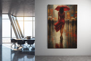 Romantische Stadsscène Vrouw met Rode Paraplu op Canvas