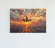 Canvas schilderij van een vliegtuig bij zonsondergang
