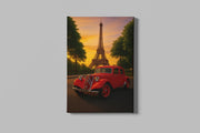 Rode Oldtimer bij Eiffeltoren Canvas Schilderij