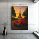 Rode Oldtimer bij Eiffeltoren Canvas Schilderij