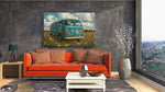 Retro Bus op Veld Canvas Schilderij