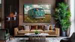 Retro Bus op Veld Canvas Schilderij