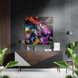 Zingend profiel met neonverfspatten – Dibond Schilderij