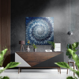IJsblauwe en zilveren radiale lichtburst – Dibond Schilderij