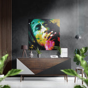 Teal en gele verfspatten met reggaezanger – Dibond Schilderij