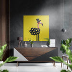 Flamingo met hoge hoed op gele stippen – Dibond Schilderij