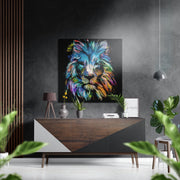 Leeuwenkop met regenboogpenseelstreken – Dibond Schilderij