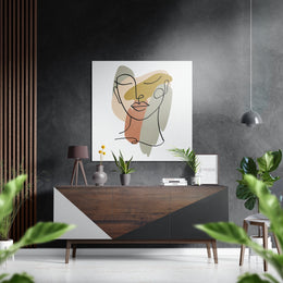 Lijntekening van een gezicht met pastelkleurige vormen – Dibond Schilderij