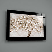 Levensboom met Witte Bloesems op een Stenen Muur – Glasschilderij