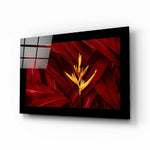 Gele Heliconia met Karmijnrode Bladeren – Glasschilderij