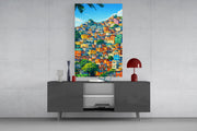 Vibrant Hillside Houses Glass Wall Art