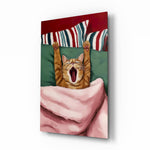 Yawning Cat in Bed Glass Wall Art