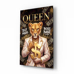 Queen Suited Lioness Gold Dollar Glass Wall Art