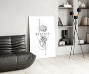 Balance Brain Over Heart White Line Art Glass Wall Art