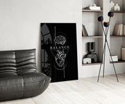 Balance Brain Over Heart Black Line Art Glass Wall Art