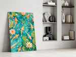 Turquoise Koi Pond Water Lily Glass Wall Art