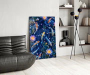 Midnight Blue Koi and Glowing Lotus Glass Wall Art