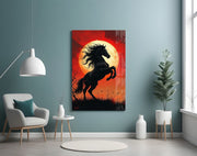 Rearing Black Horse Red Moon Glass Wall Art