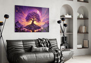 Purple Tree of Life Glowing Sunset Glass Wall Art