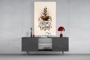 Steaming Coffee Cup Sunburst Typography Glass Wall Art