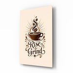 Steaming Coffee Cup Sunburst Typography Glass Wall Art