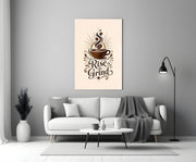 Steaming Coffee Cup Sunburst Typography Glass Wall Art