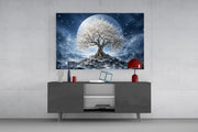 White Blossom Tree Full Moon Glass Wall Art