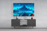 Moonlit Mountain Lake Dock Glass Wall Art